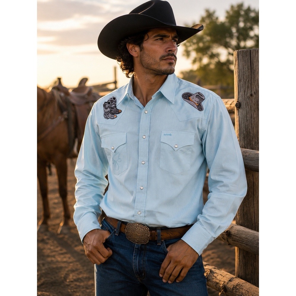 VTG MWG Western Embossed Shirt Men's L Turquoise Pearl Snap NWT w/ Defect